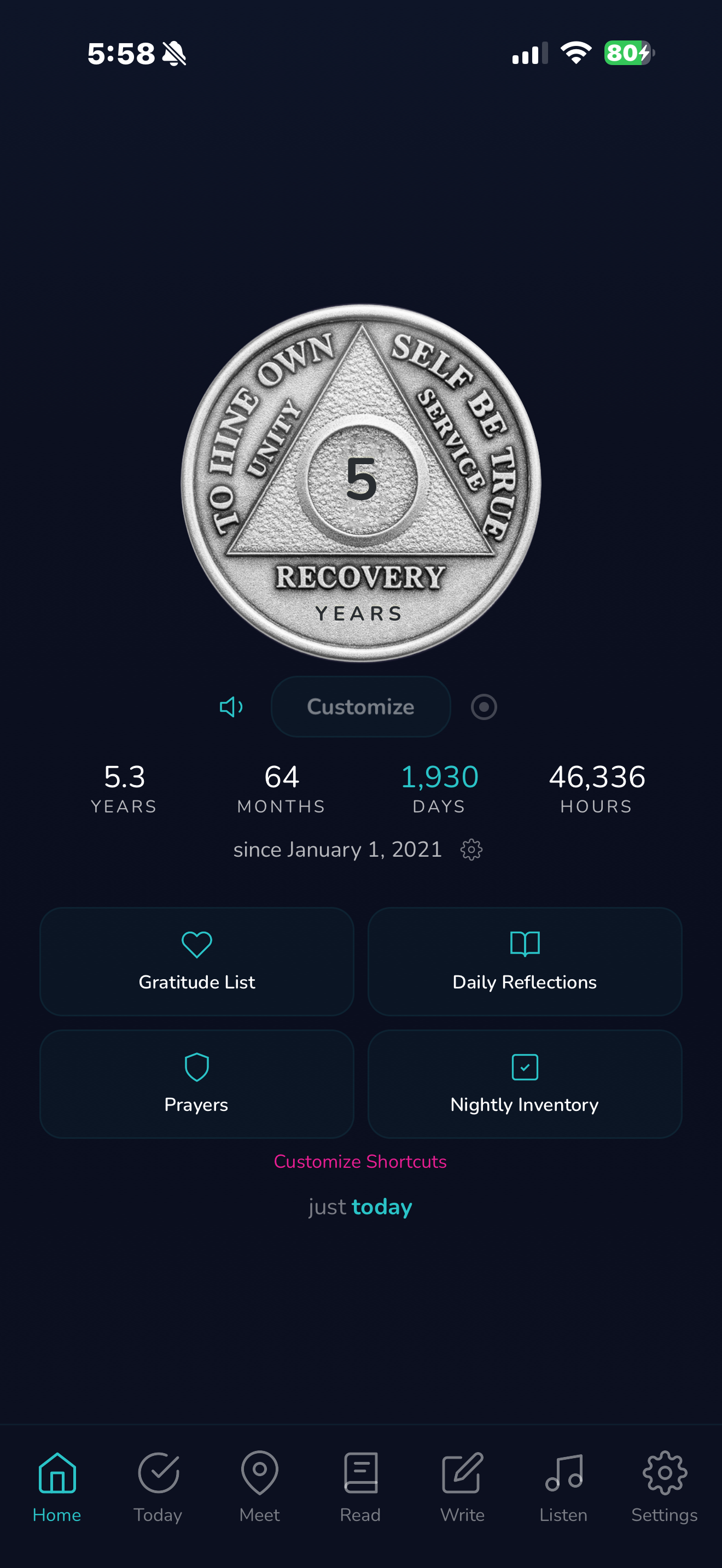 AA Just Today home screen with 5-year sobriety coin